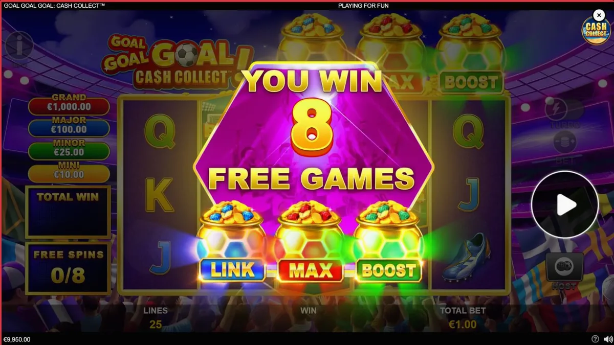 Estádio de futebol iluminado com elementos temáticos do slot Goal Goal Goal: Cash Collect