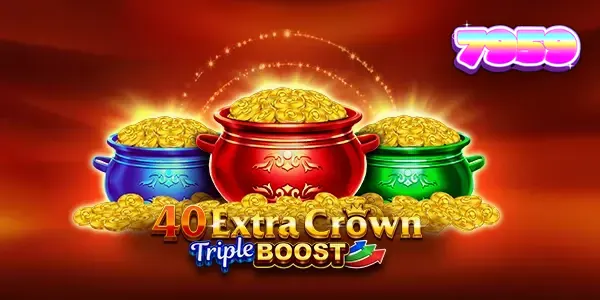 Interface de jogo do slot 40 Extra Crown Triple Boost Golden Coins Link com símbolos de frutas e coroas.